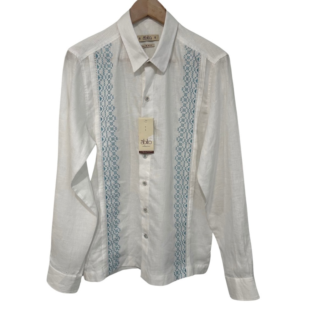 Abito Collezioni Linen Long Sleeve Guayabera SZ Small White Aqua Tropical NWT